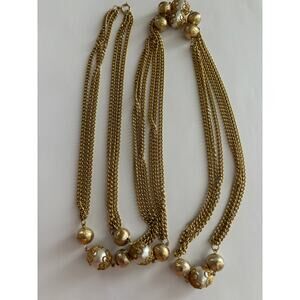 Vintage Gold Tone Statement Chain Necklace Pearls 7 Textured Beads 56" Long